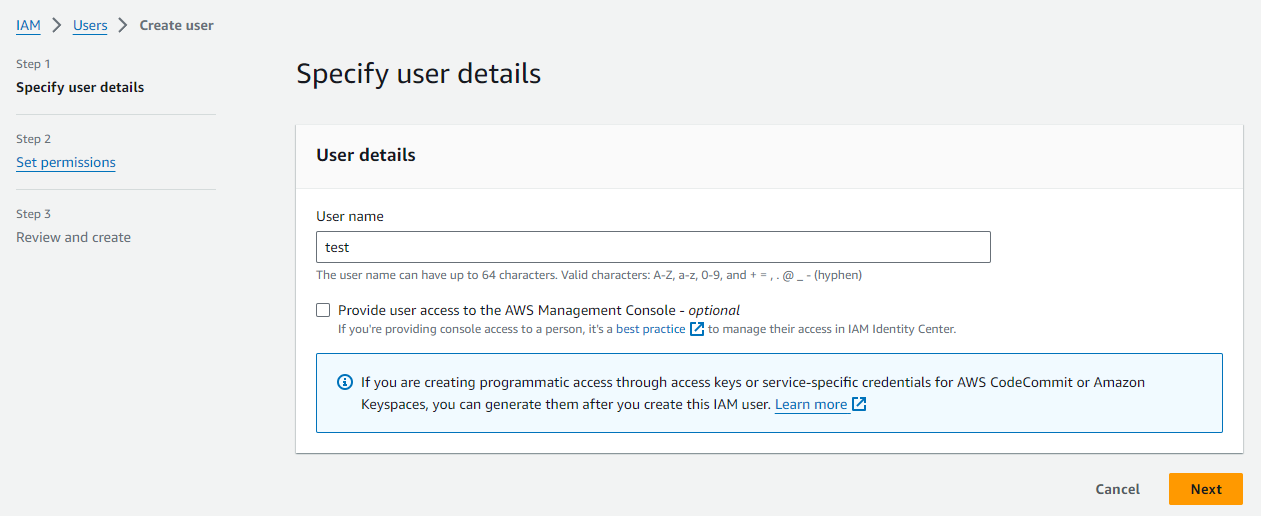 IAM user creation - step 1