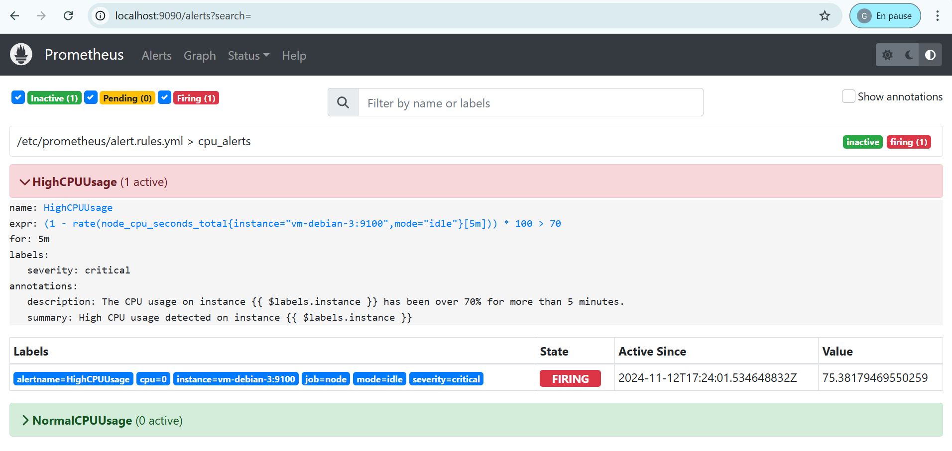 Prometheus test high CPU alert - firing