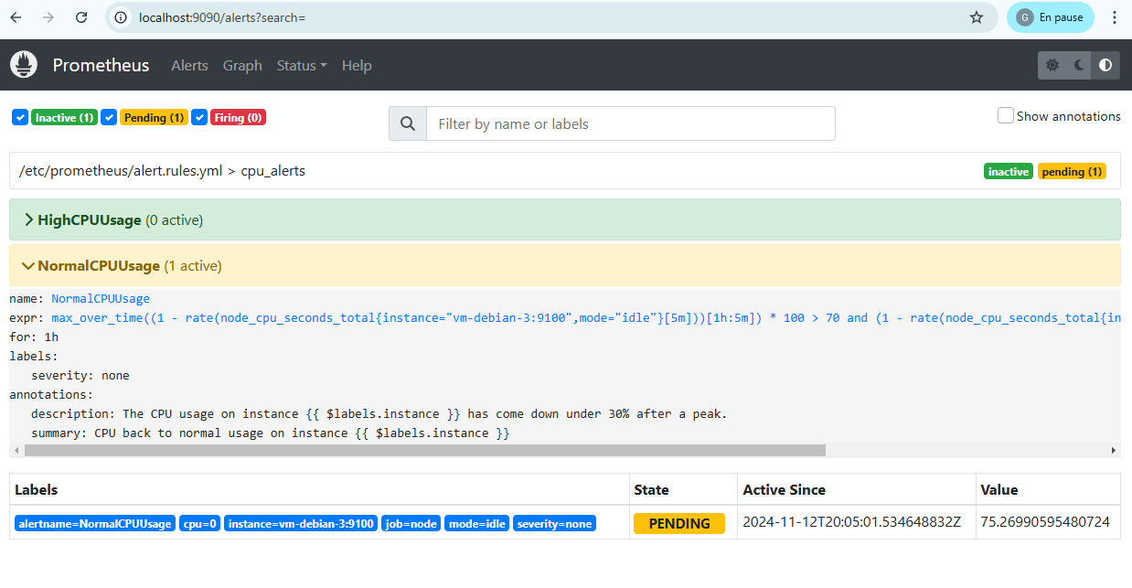 Prometheus test CPU normal - alerte pending